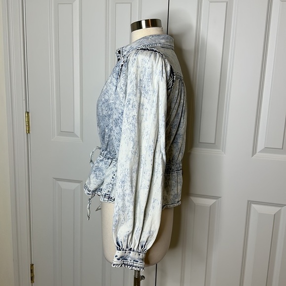 Free People Denim Top Balloon Sleeve Tie Waist SzXS - Picture 3 of 8